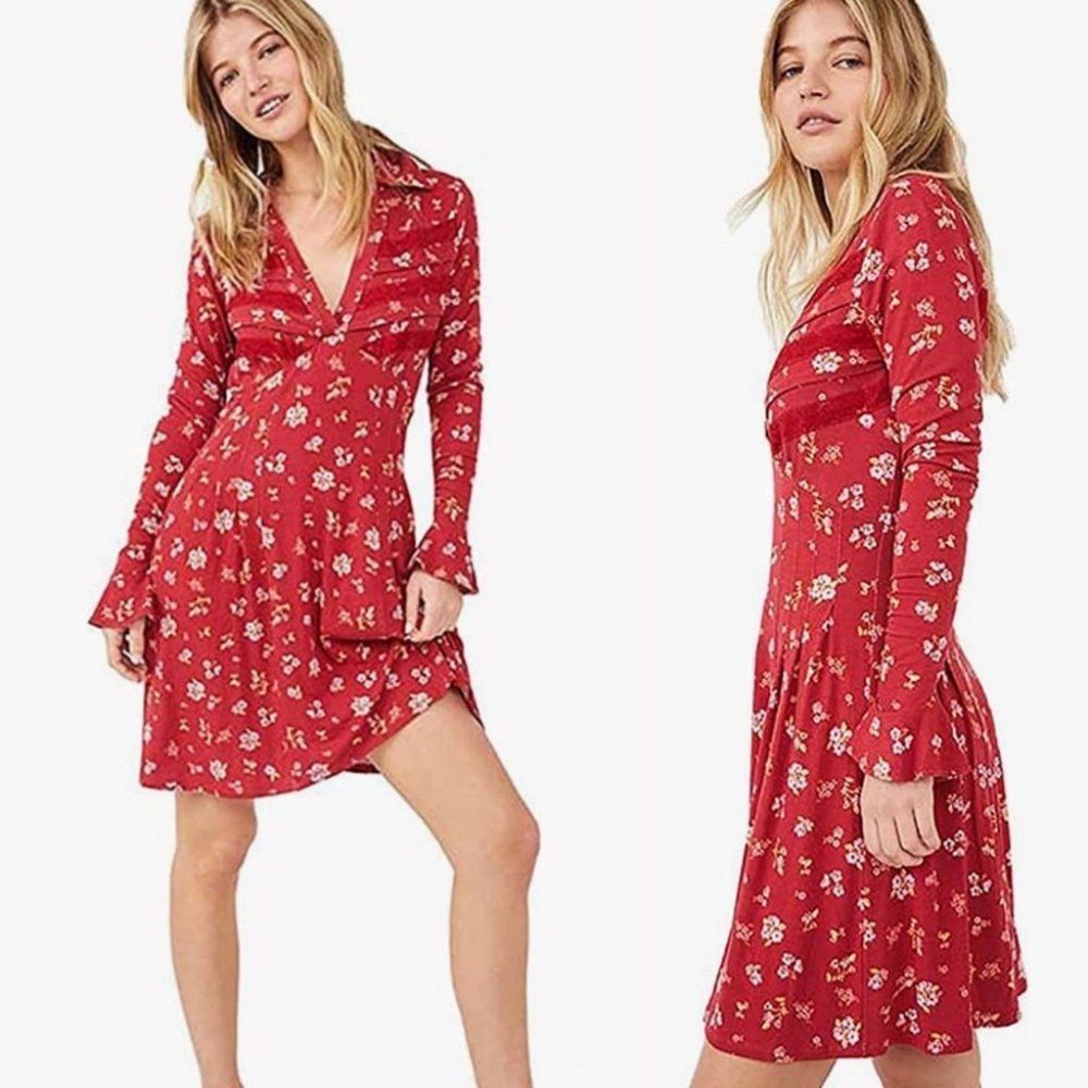 FREE PEOPLE Womens Good Days Mini Dress in Pop Combo Red Long Sleeves Large